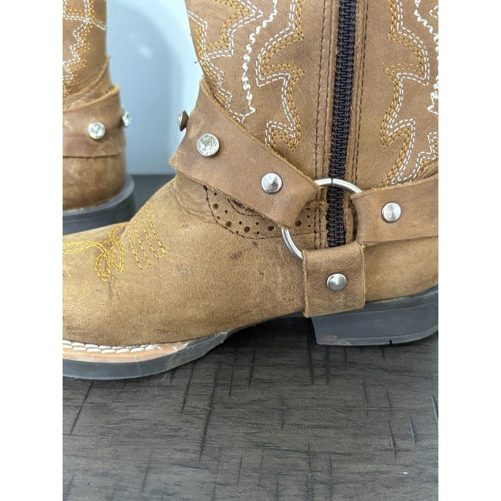 RW Brown Leather Western Boots Girls 16.5 US 9.5 Rhinestone Stud Ankle Harness - Picture 3 of 10